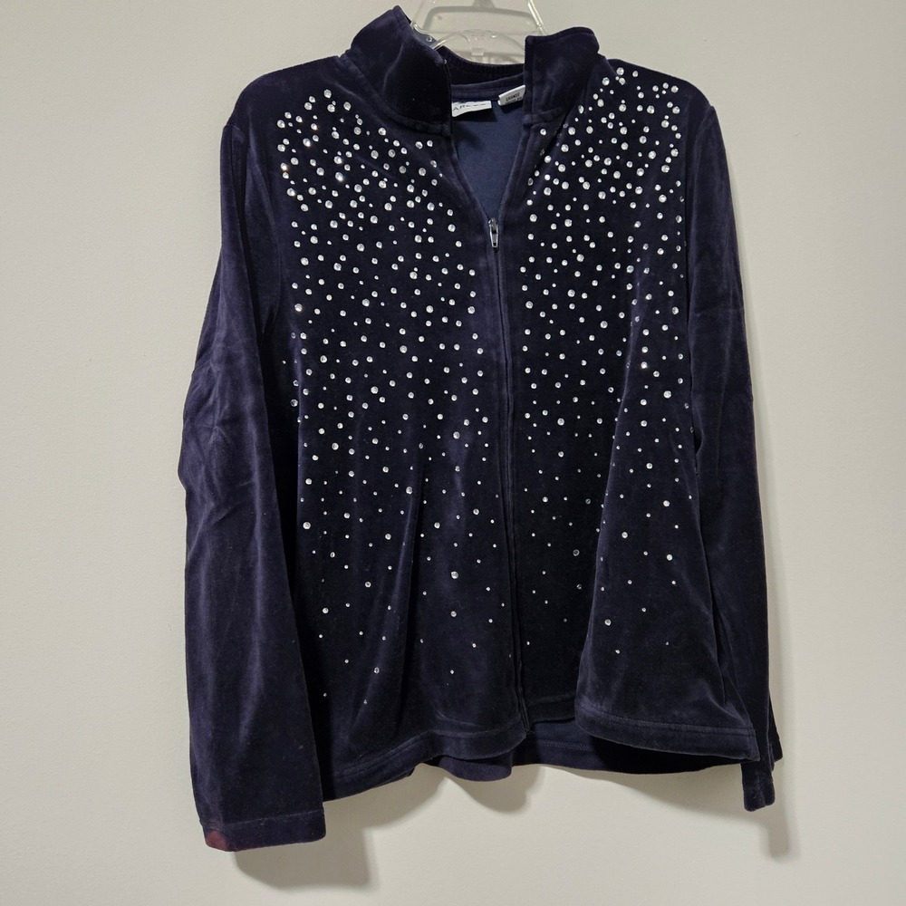 Sag Harbor Navy Blue Velour Rhinestone Zip Up Jacket Womens Large Mock Neck Y2K
